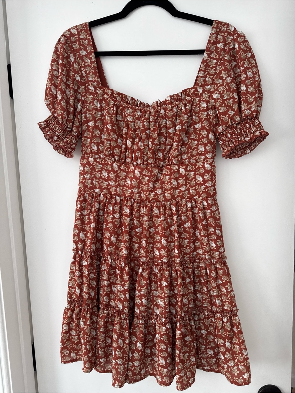 Trixxi Rust Floral Square-Neck Tiered Dress